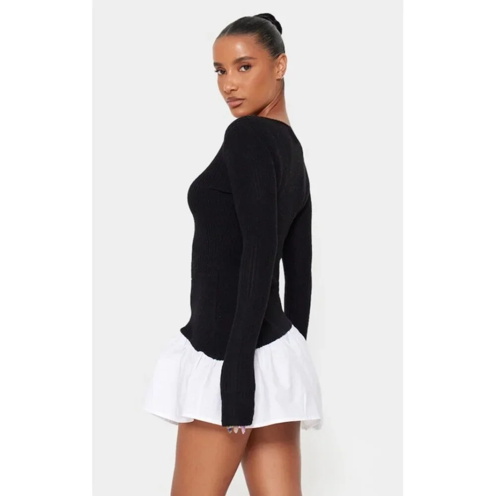 NWT PrettyLittleThing Navy Brushed Rib Asymmetric Ruffle Mini Dress Skater Style - Picture 6 of 16